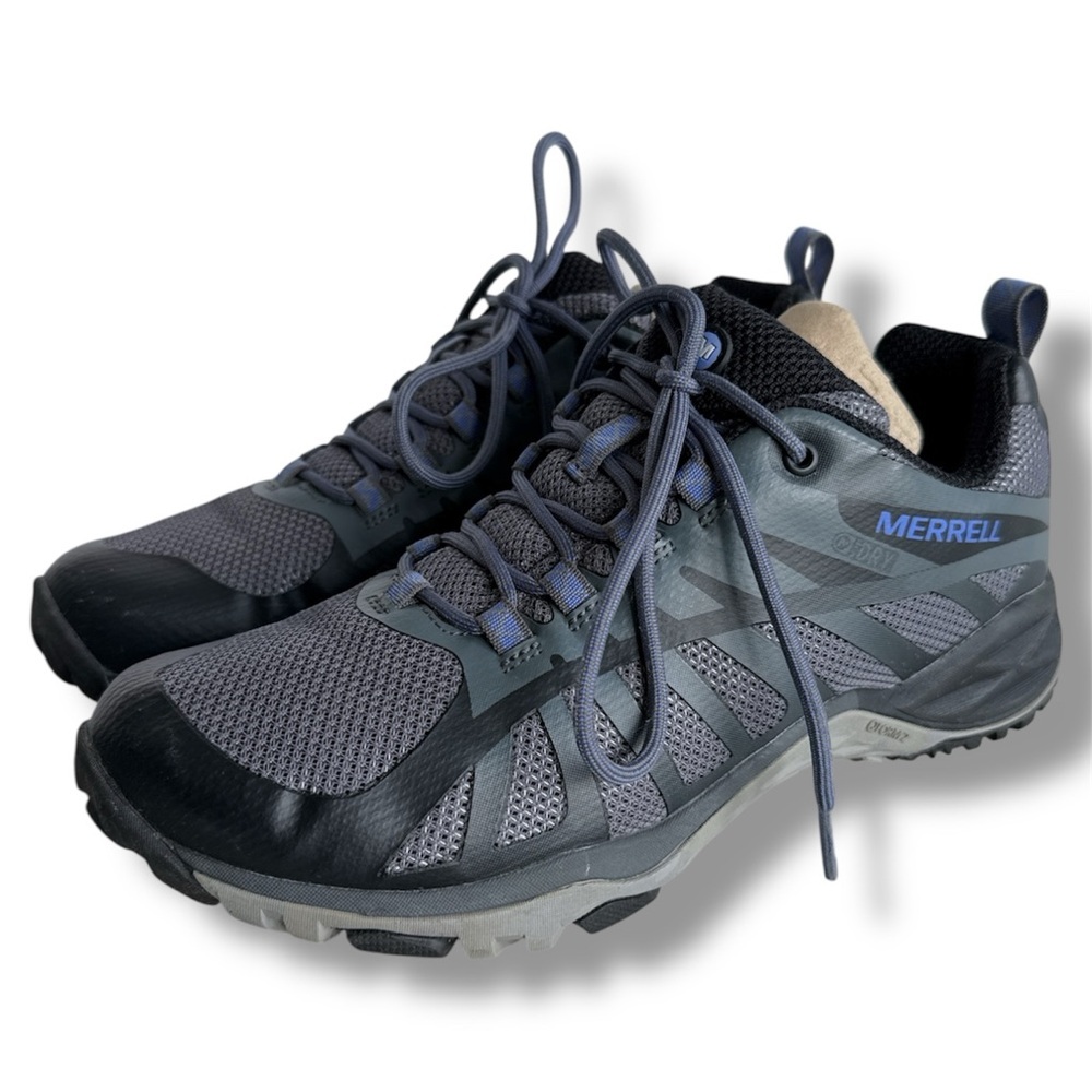 Merrell Trail Sneakers Gray Black with Blue Accents Size 6